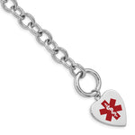 Sterling Silver Rhodium-plated Cable Link Engravable Red Enamel 23x Heart Disc Medical ID Bracelet