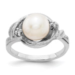 14k White Gold White Freshwater Cultured Pearl and AA Diamond Swirl Ring
