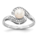 14k White Gold White Freshwater Cultured Pearl and 1/20 carat AA Diamond Bypass Ring