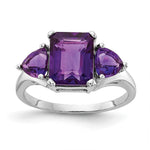 14k White Gold 9x Emerald-cut and Trillion Amethyst 3-Stone Ring