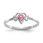 14K White Gold Round Pink Tourmaline Birthstone Heart Ring