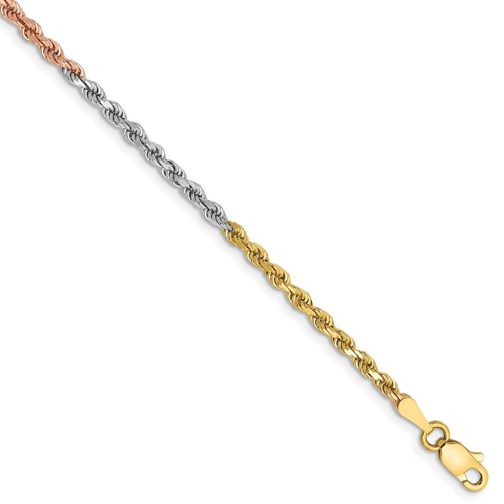 14K Tri-colored 7 inch 2.5mm Diamond-cut Rope with Lobster Clasp Chain