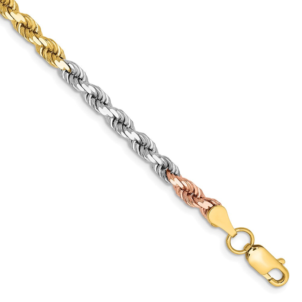 14K Tri-colored 8 inch 4mm Diamond-cut Rope with Lobster Clasp Chain