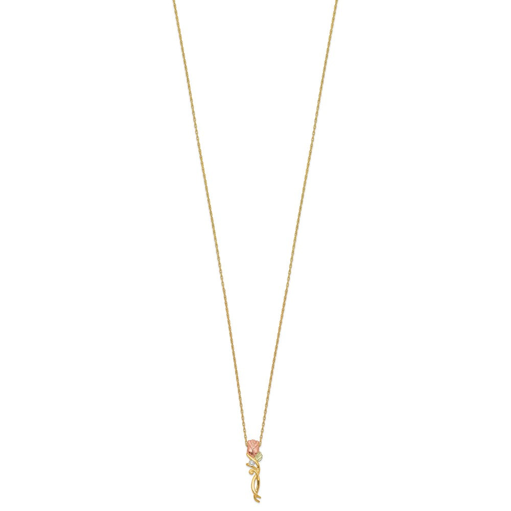 10k and 12k Tri-color Black Hills Gold 1/20 carat Diamond Long-stemmed Rose 14k Gold-filled Chain Necklace