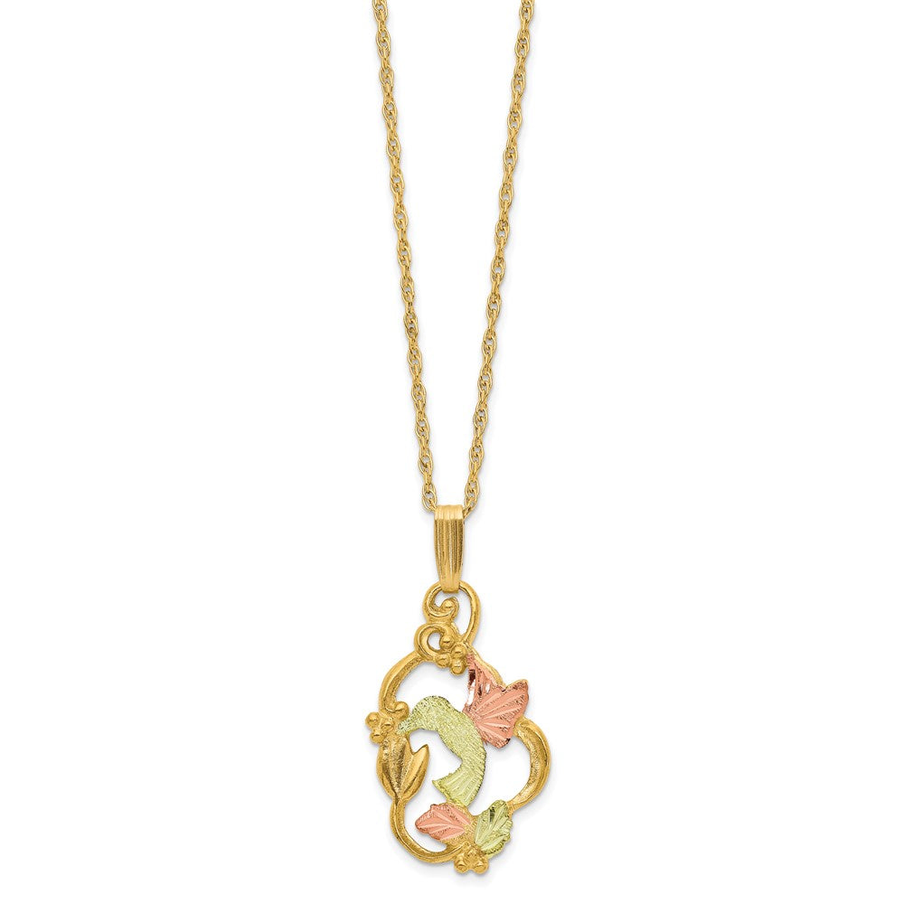 10k and 12k Tri-color Black Hills Gold Hummingbird with Flower and Leaves 14k Gold-filled Chain Necklace