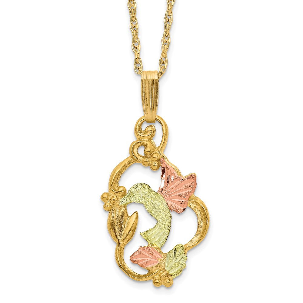 10k and 12k Tri-color Black Hills Gold Hummingbird with Flower and Leaves 14k Gold-filled Chain Necklace
