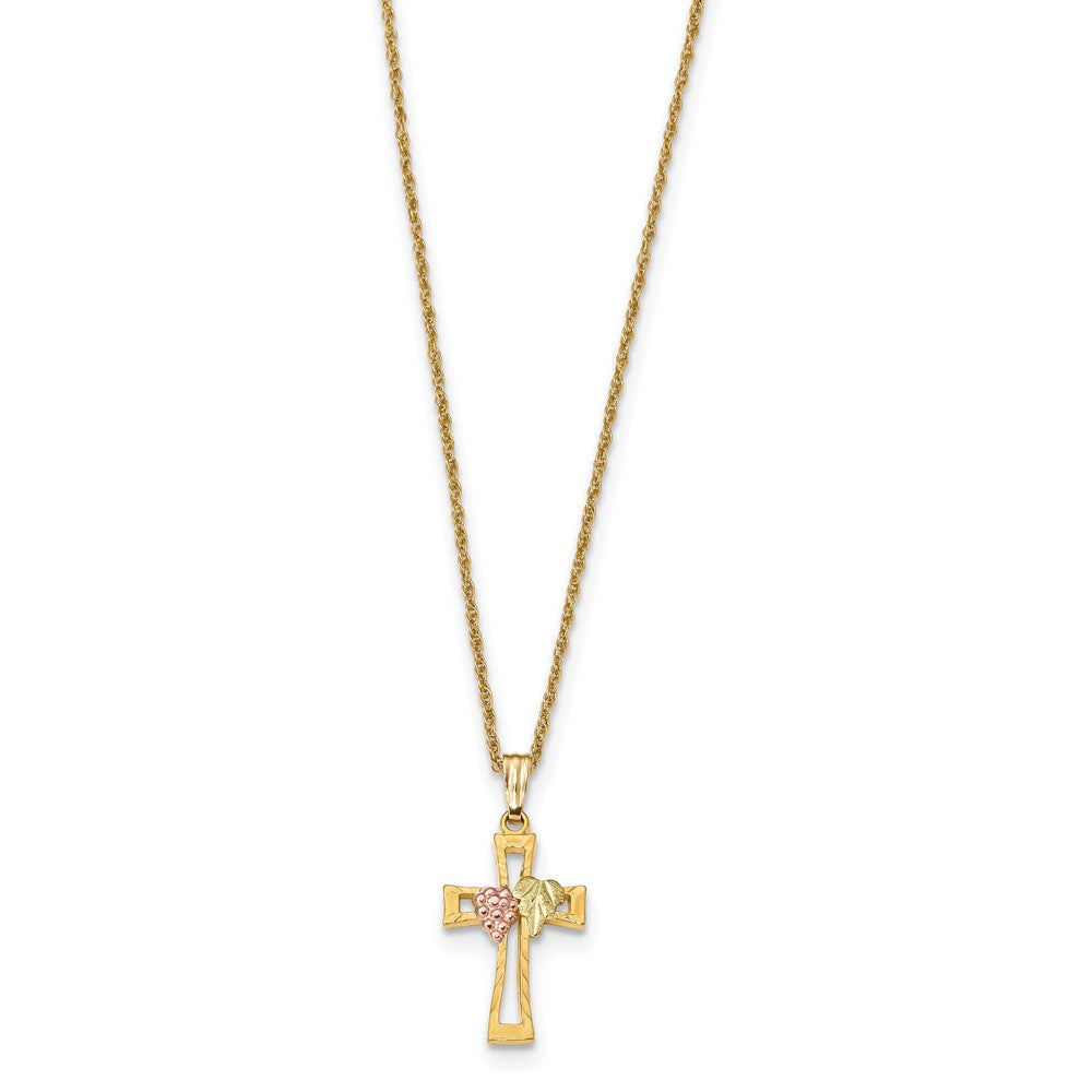 10k and 12k Tri-color Black Hills Gold Grapes and Leaf on Cross 14k Gold-filled Chain Necklace