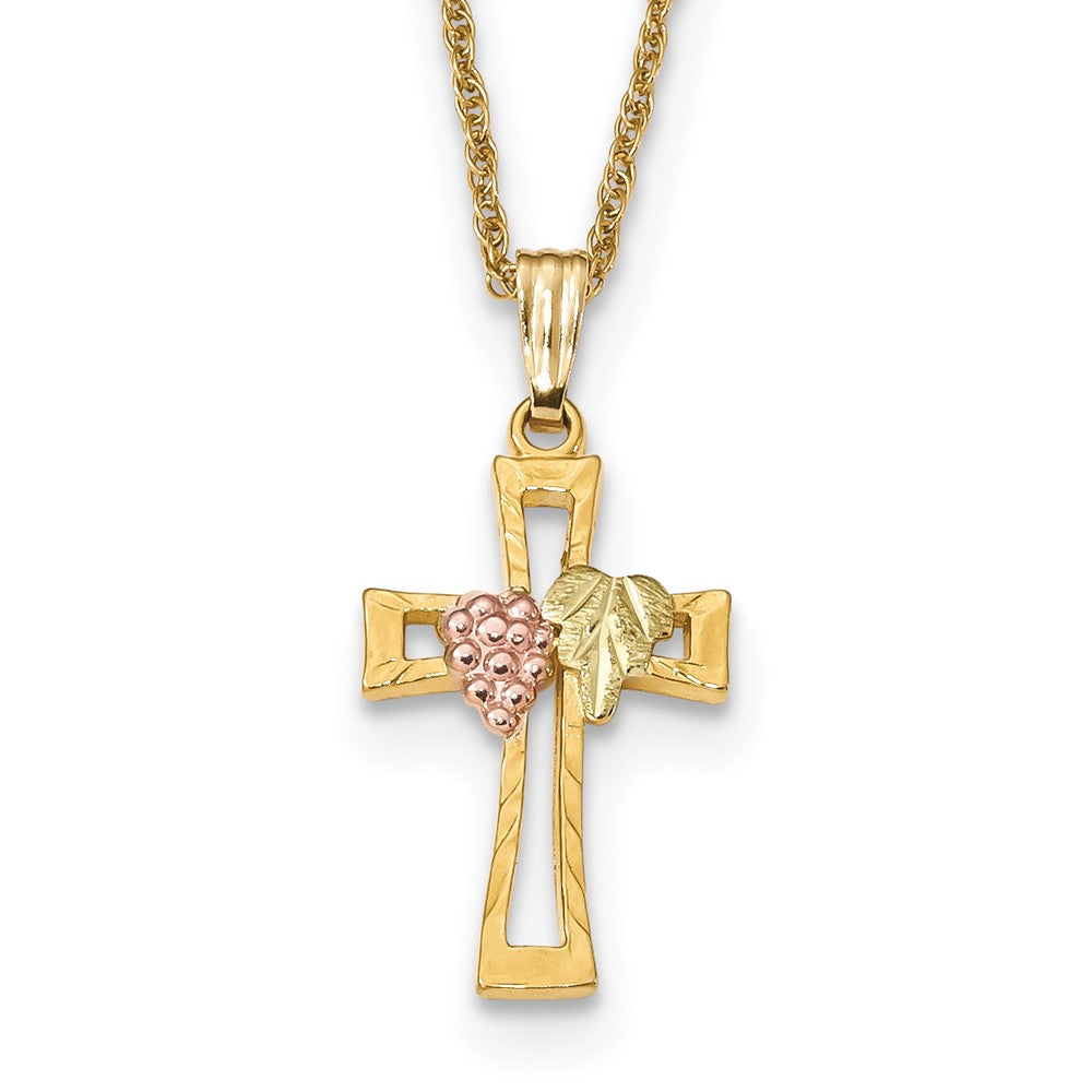 10k and 12k Tri-color Black Hills Gold Grapes and Leaf on Cross 14k Gold-filled Chain Necklace