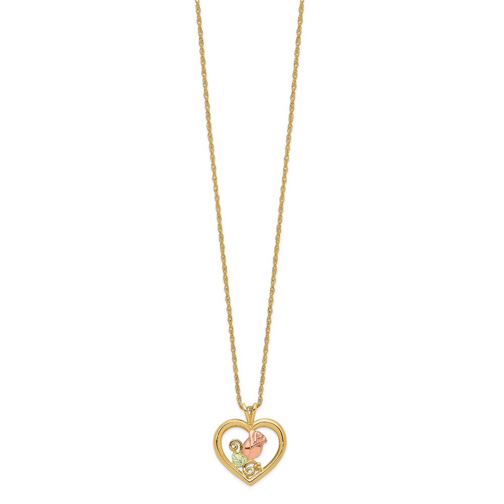10k and 12k Tri-color Black Hills Gold Rosebud and Leaf in Heart 14k Gold-filled Chain Necklace