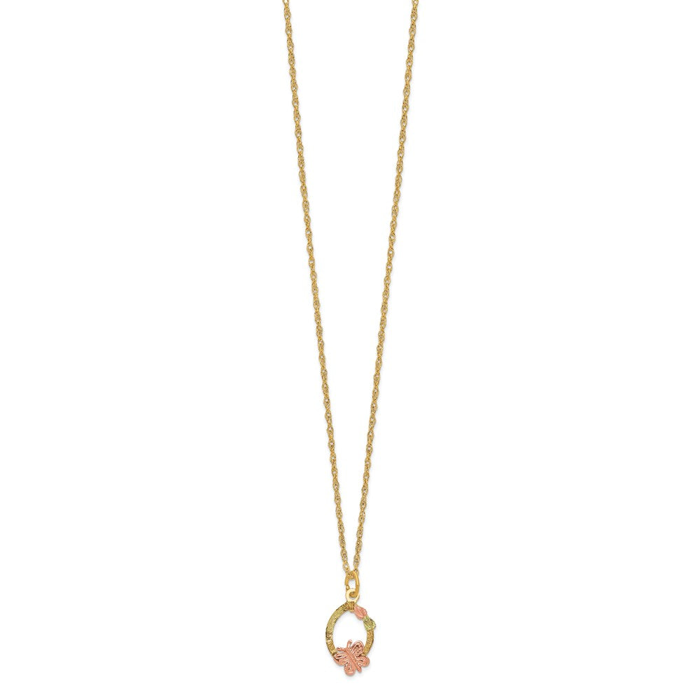 10k and 12k Tri-color Black Hills Gold Butterfly and Leaves on Oval 14k Gold-filled Chain Necklace