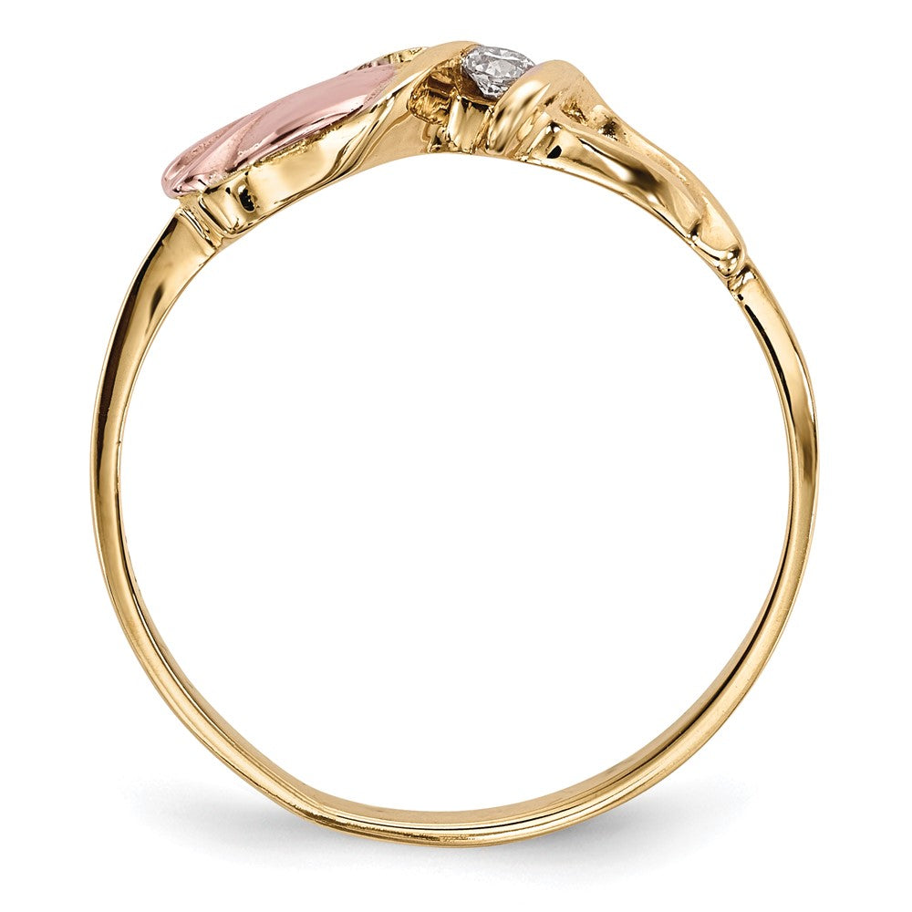 10k and 12k Tri-color Black Hills Gold 1/20 carat Diamond Rosebud and Leaf Ring
