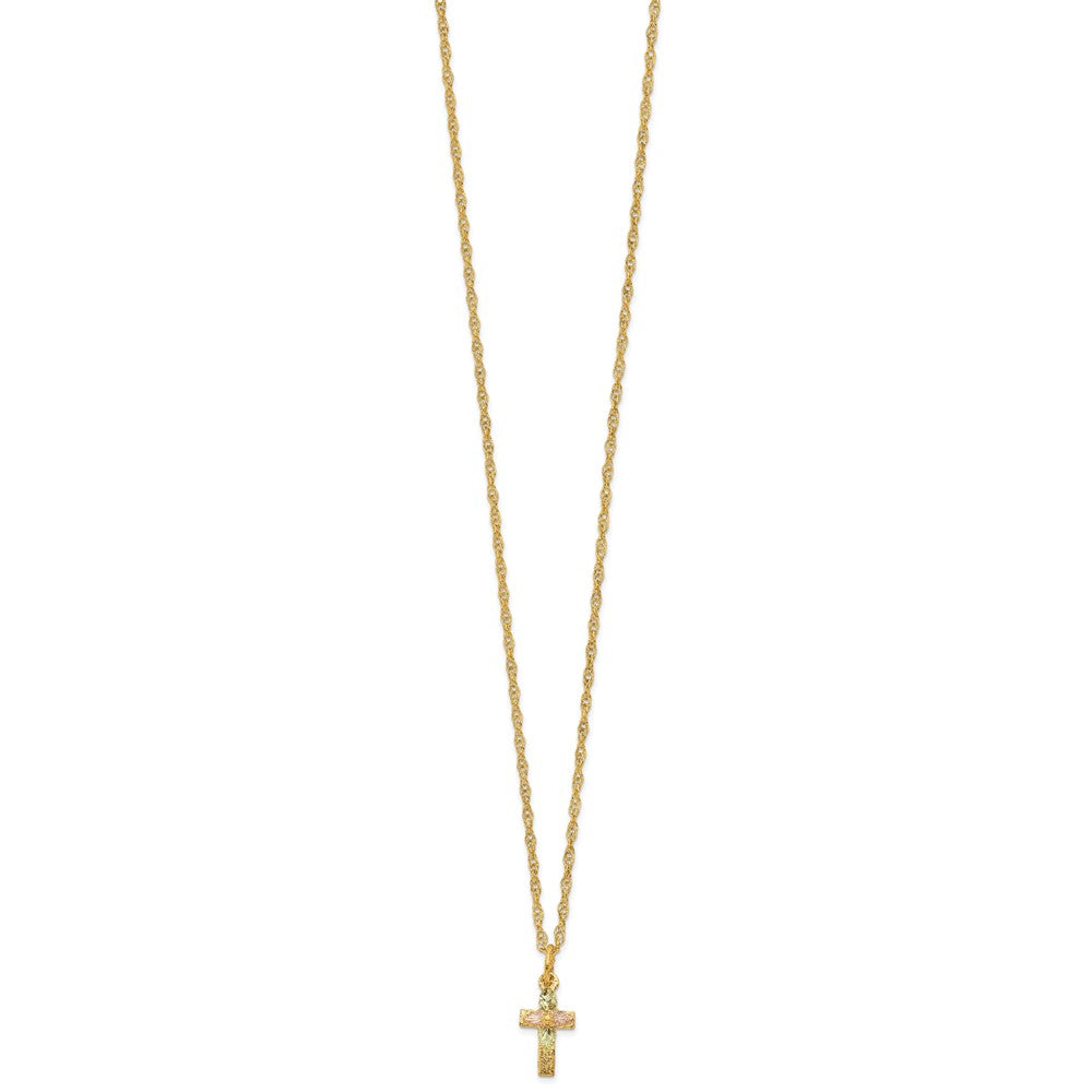 10k and 12k Tri-color Black Hills Gold Leaves on Small Cross 14k Gold-filled Chain Necklace