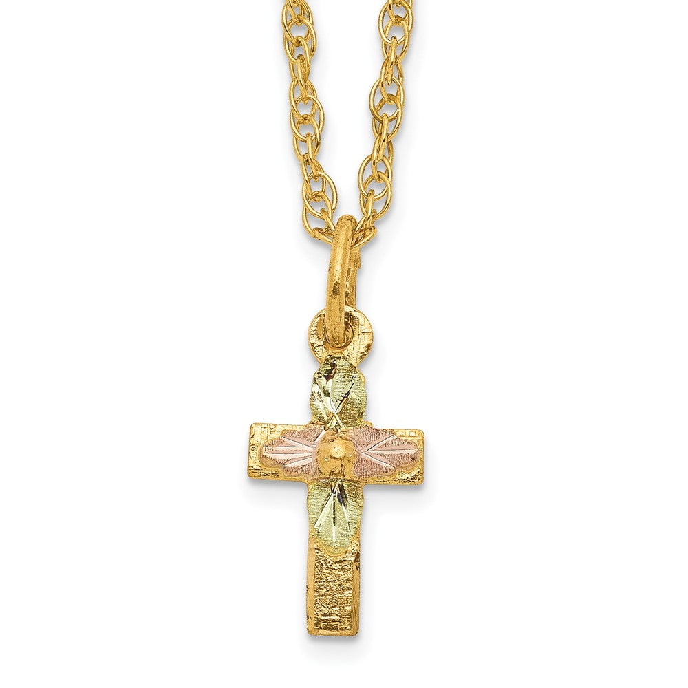 10k and 12k Tri-color Black Hills Gold Leaves on Small Cross 14k Gold-filled Chain Necklace