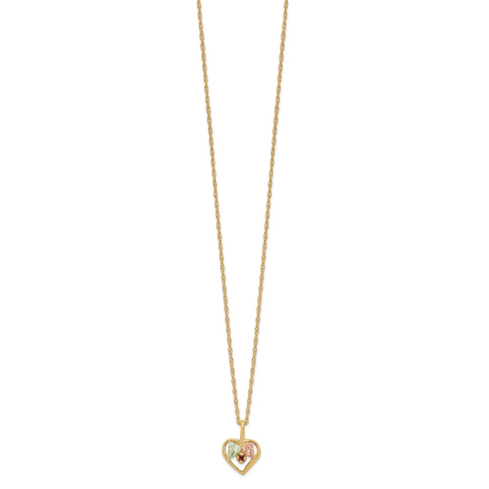 10k and 12k Tri-color Black Hills Gold Garnet and Leaves in Heart 14k Gold-filled Chain Necklace