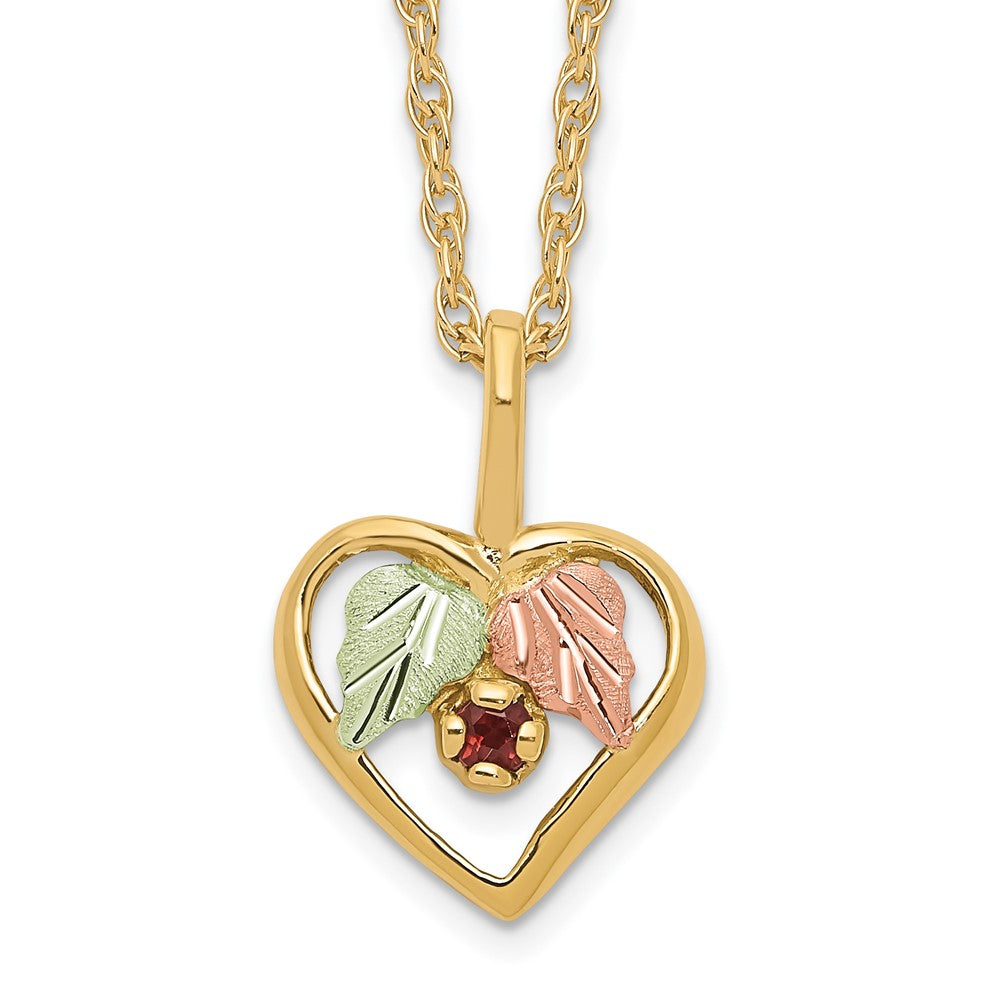 10k and 12k Tri-color Black Hills Gold Garnet and Leaves in Heart 14k Gold-filled Chain Necklace