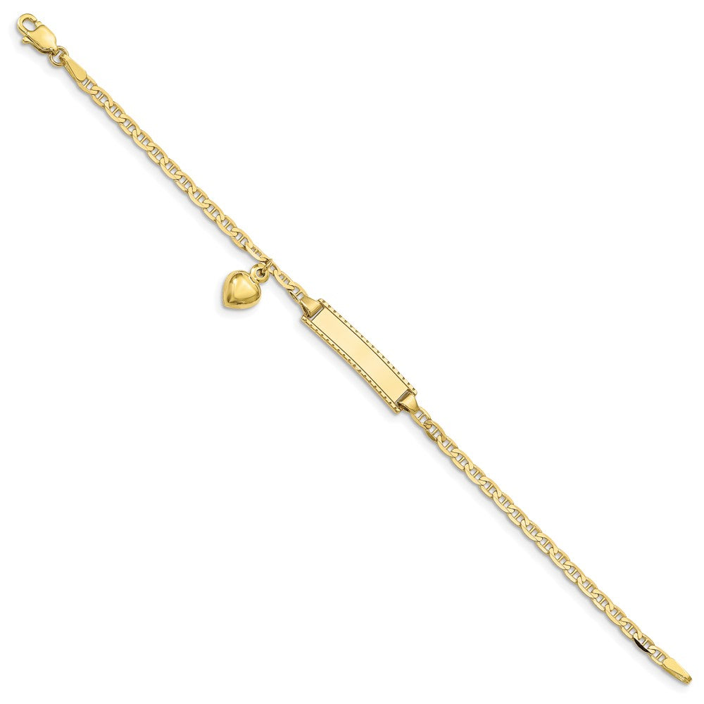 10k Polished Solid Chain/Solid Plate Puffed Heart Dangle Anchor Link 20x Plate ID Bracelet