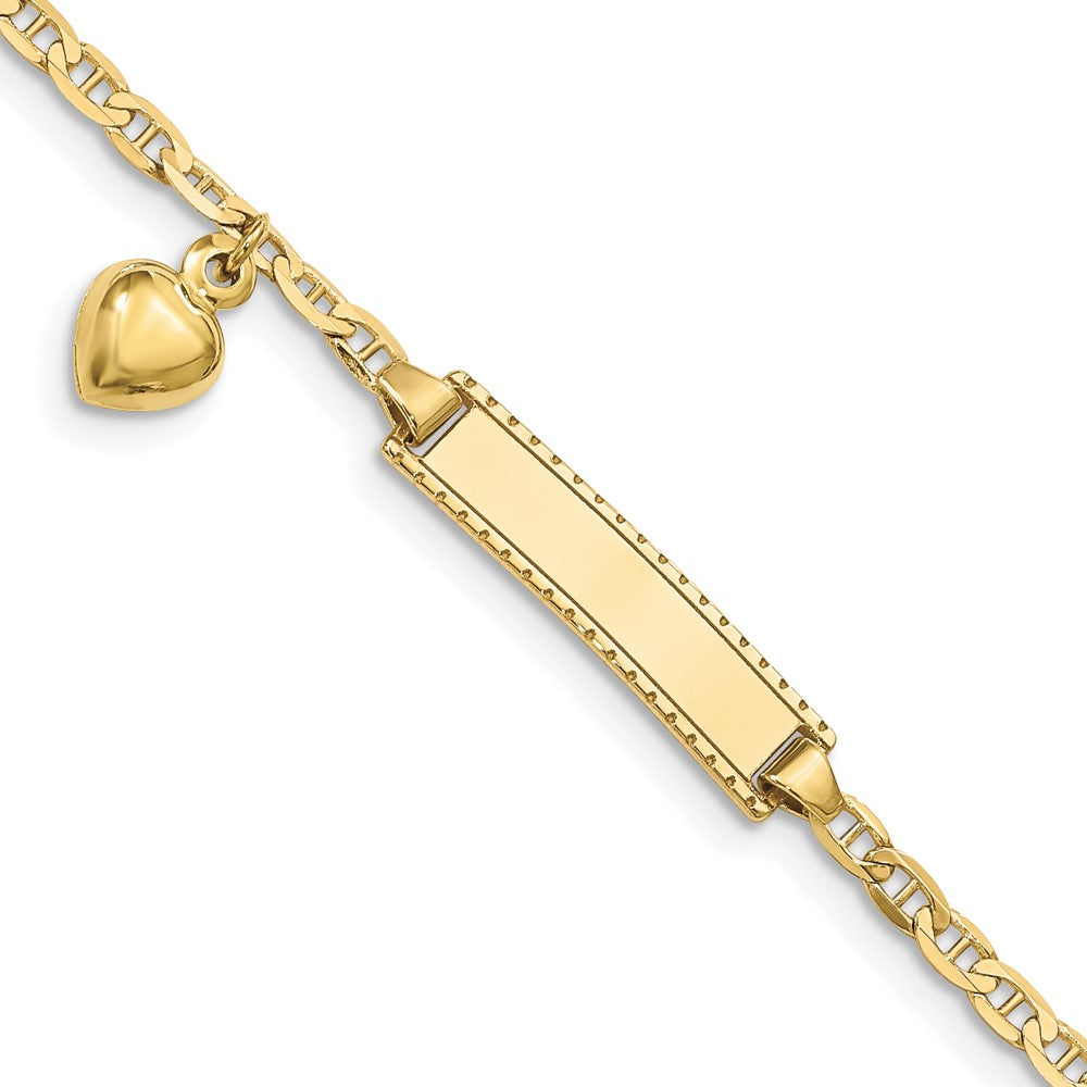 10k Polished Solid Chain/Solid Plate Puffed Heart Dangle Anchor Link 20x Plate ID Bracelet