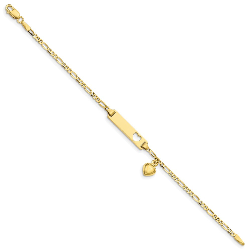 10k Polished Solid Chain/Solid Plate Cut-out Heart with Puffed Heart Dangle Figaro Link 21x Plate ID Bracelet