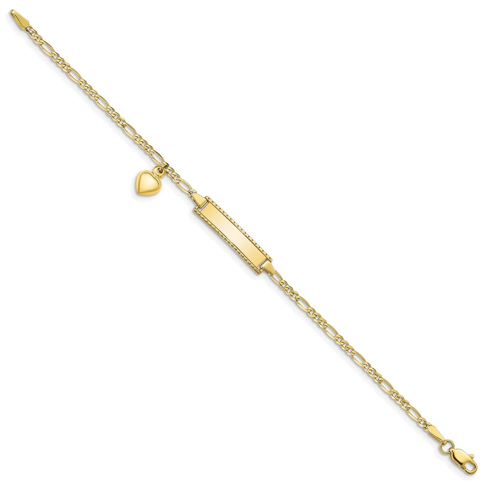 10k Polished Solid Chain/Solid Plate Puffed Heart Dangle Figaro Link 21x Plate ID Bracelet