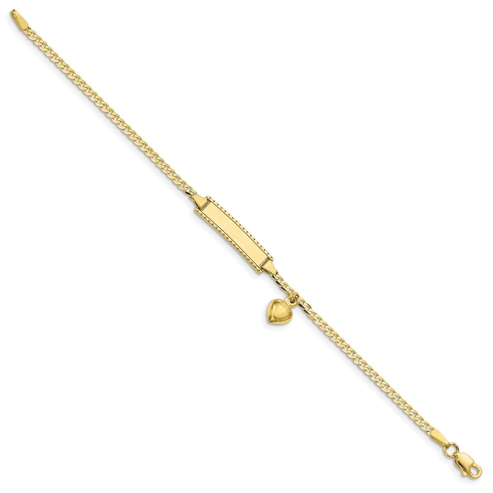 10k Polished Solid Chain/Solid Plate Puffed Heart Dangle Curb Link 21x Plate ID Bracelet