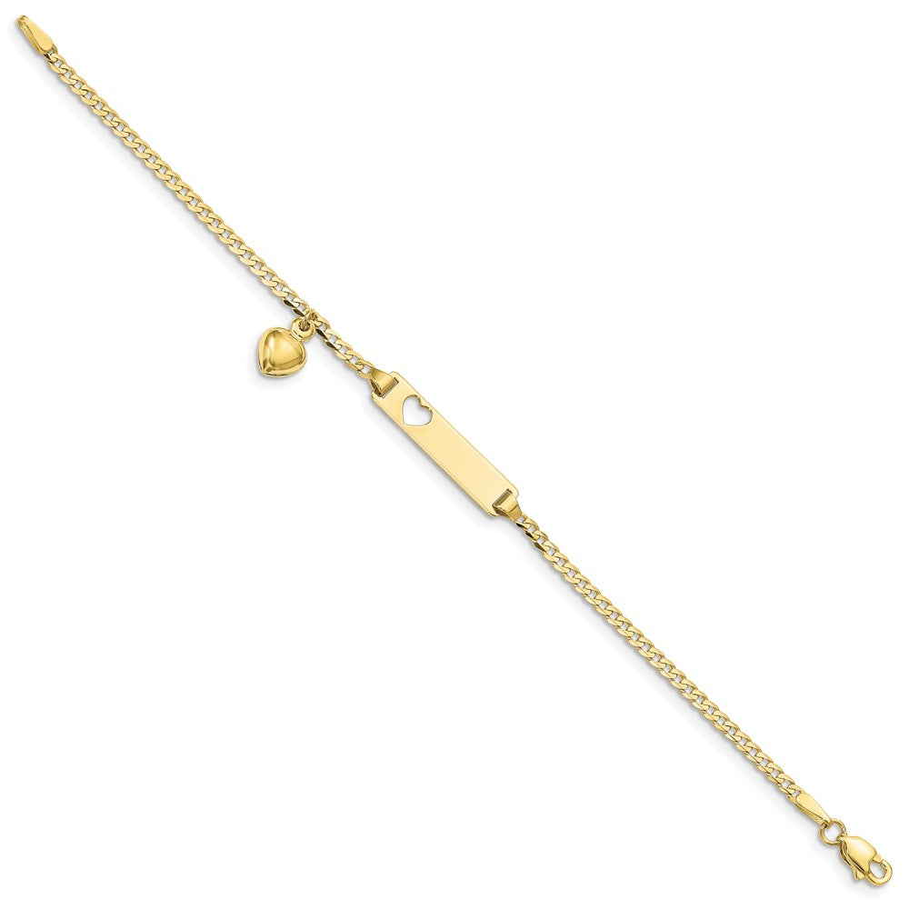 10k Polished Solid Chain/Solid Plate Cut-out Heart with Heart Dangle Curb Link 21x Plate ID Bracelet