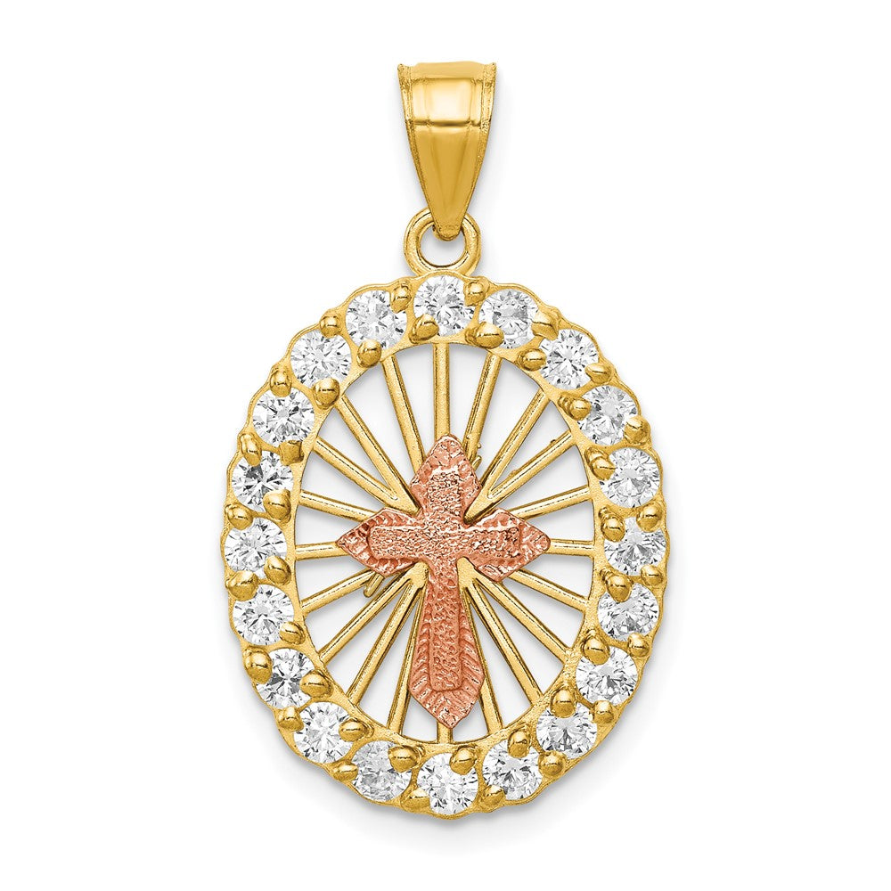 10k Two-tone CZ Cross in Oval Pendant