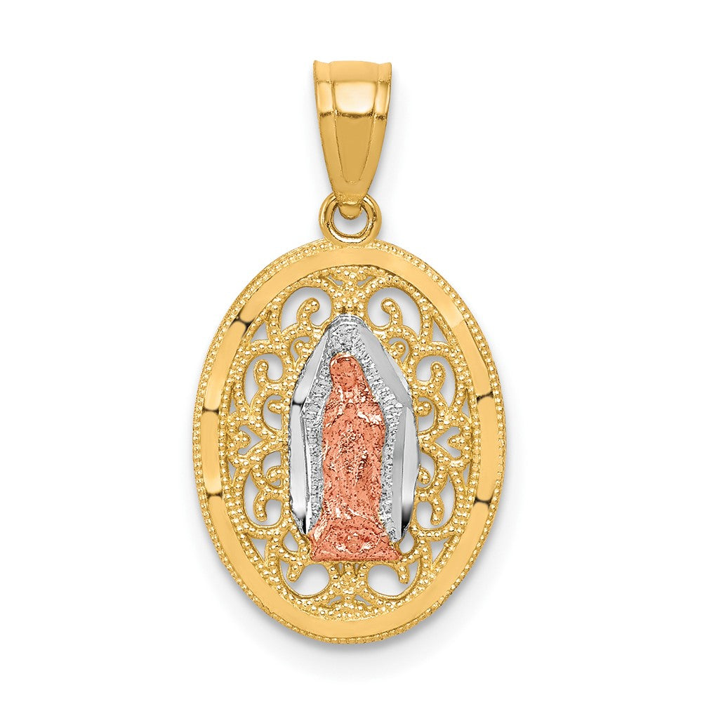 10K Two-Tone and White Rhodium Oval Our Lady Of Guadalupe Pendant