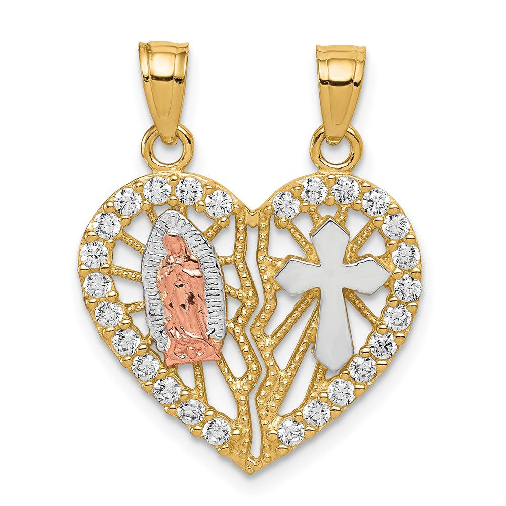 10k Two-tone and White Rhodium CZ Our Lady of Guadalupe / Cross Break-apart Heart Pendant