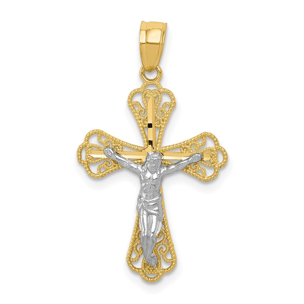 10K and White Rhodium Filigree Crucifix Pendant