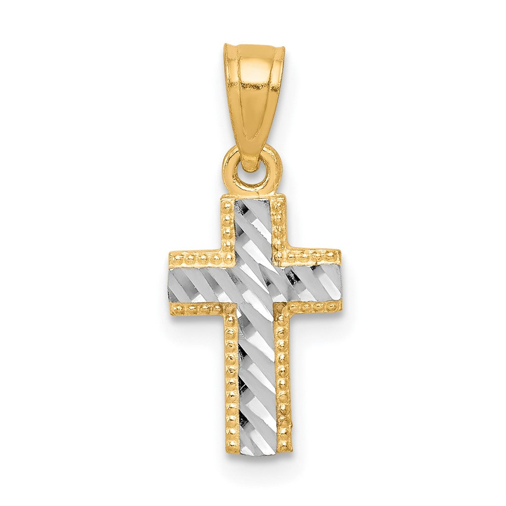 10k & Rhodium Tiny Diamond-Cut Cross Pendant