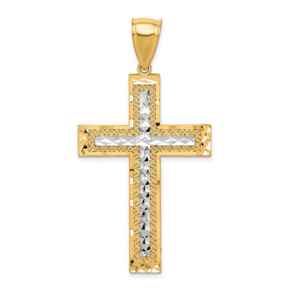 10K w/ Rhodium Diamond-Cut Cross Pendant