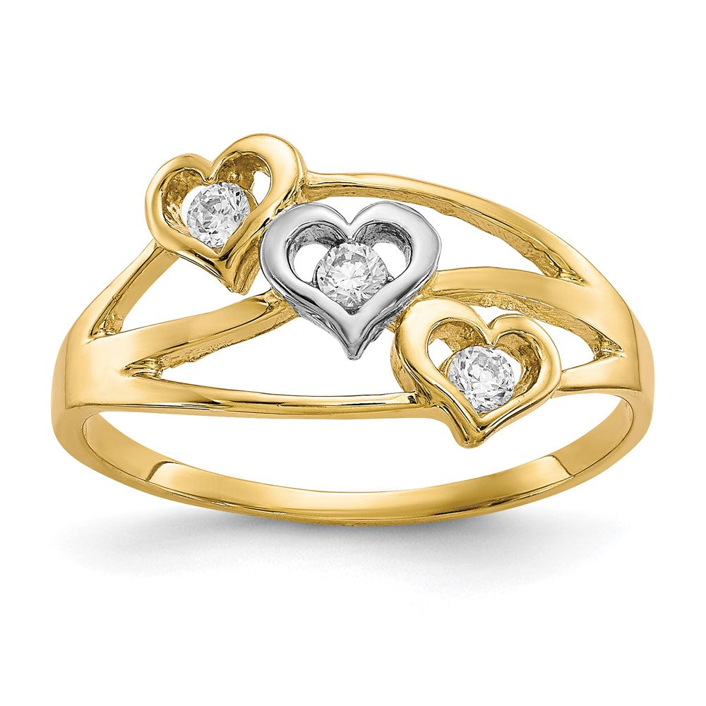 10K w/Rhodium Triple Heart 3 Stone CZ Ring