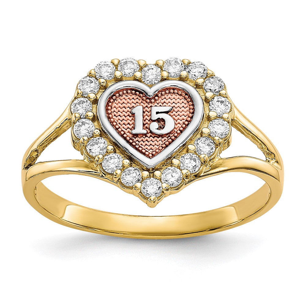 10k Two-tone with White Rhodium 15 Heart CZ Halo Ring