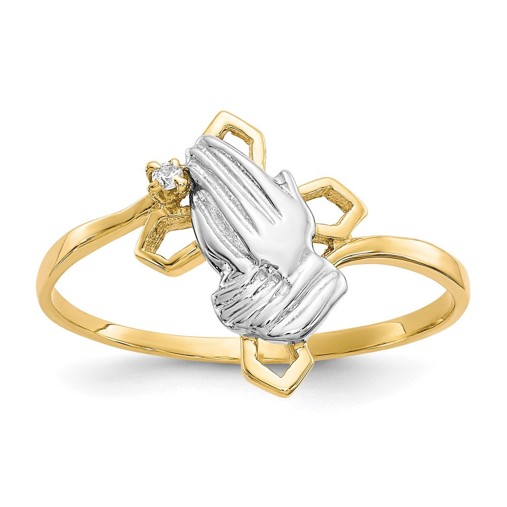 10k and White Rhodium Praying Hands CZ with Cross Ring