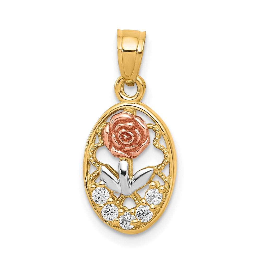 10K Two-Tone with White Rhodium CZ Rose Oval Charm
