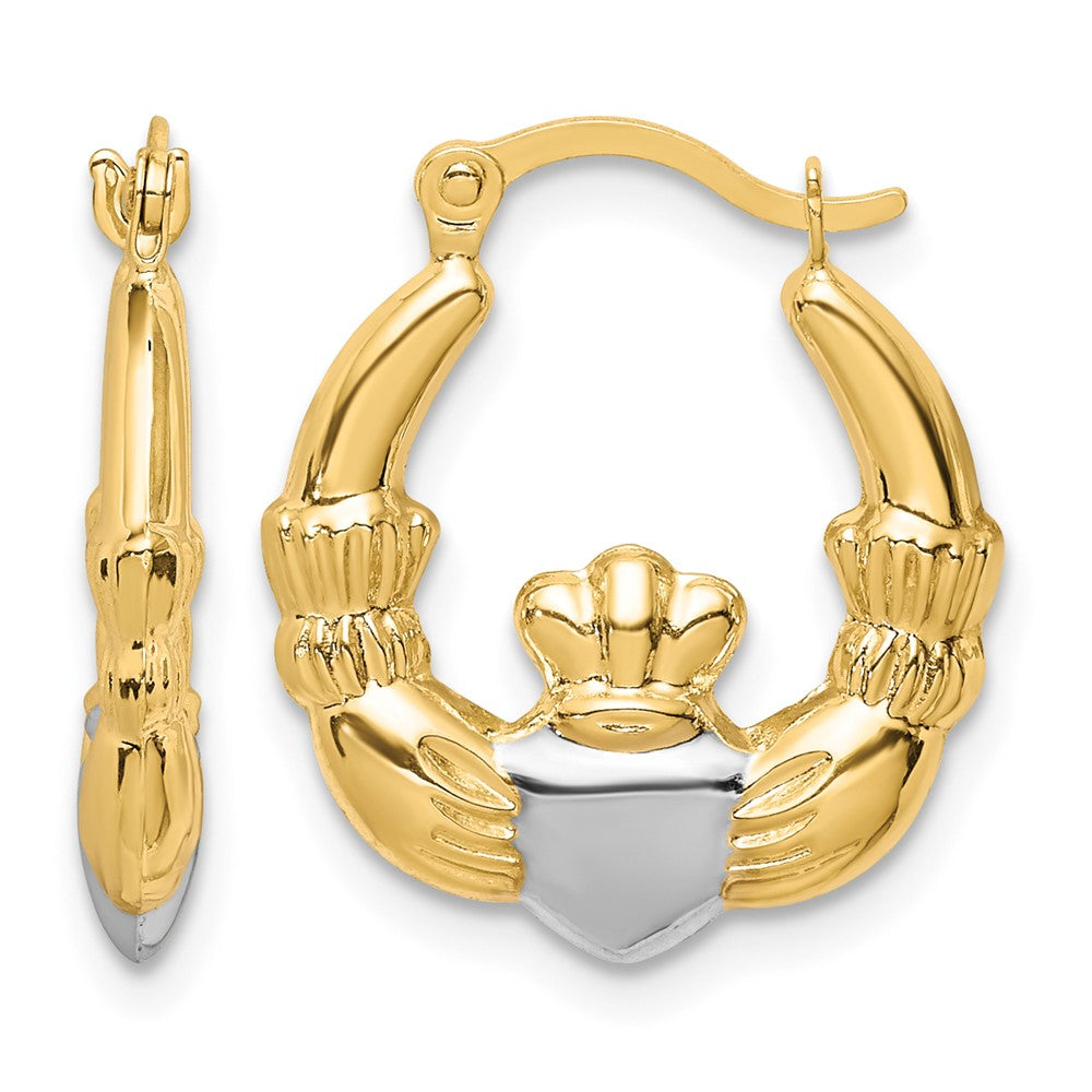 10K and White Rhodium Claddagh Hollow Hoop Earrings