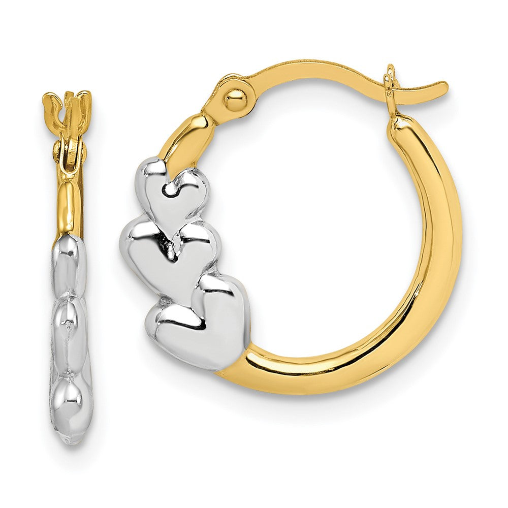 10K and Rhodium and Hearts Hollow Hoop Earrings