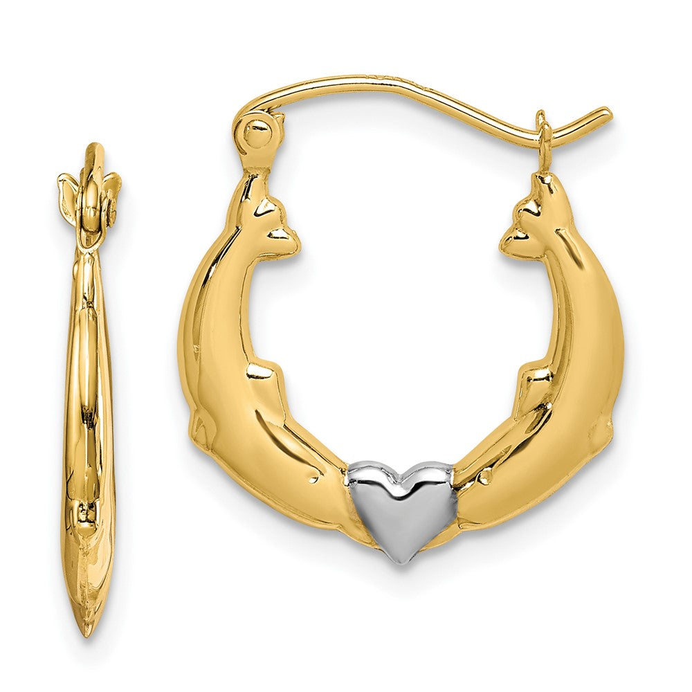 10K and Rhodium Dolphin Heart Hollow Hoop Earrings