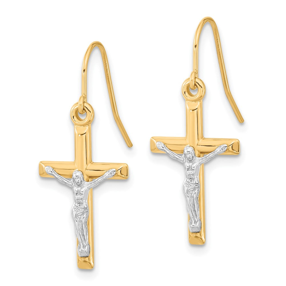 10k Two-tone Polished Crucifix Dangle Shepherd Hook Earrings