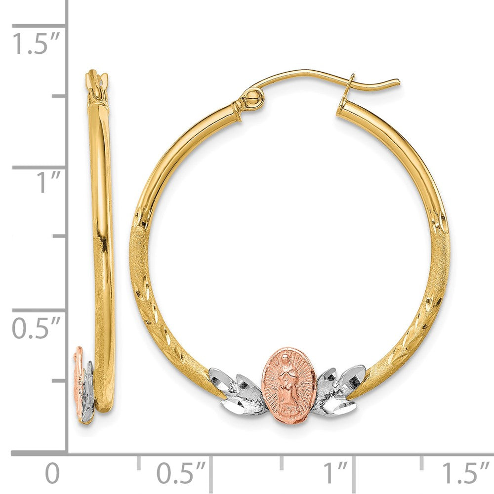 10k Tri-color Our Lady of Guadalupe Diamond-cut Hoop Earrings