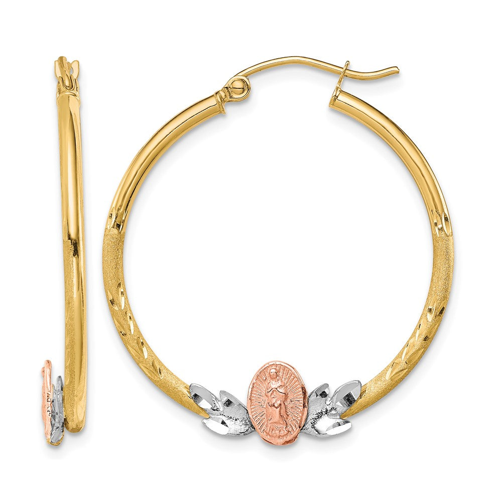 10k Tri-color Our Lady of Guadalupe Diamond-cut Hoop Earrings