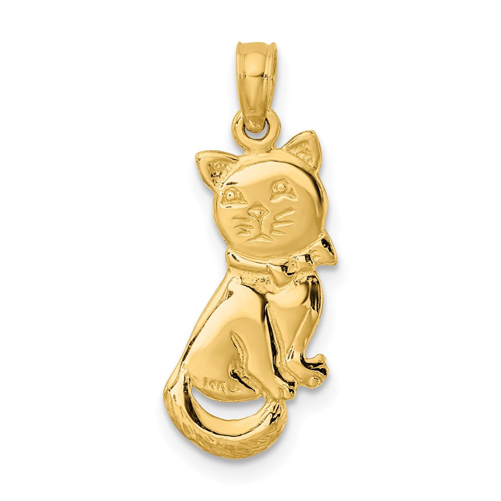 10k 3-D Polished Sitting Cat with Bow Necklace