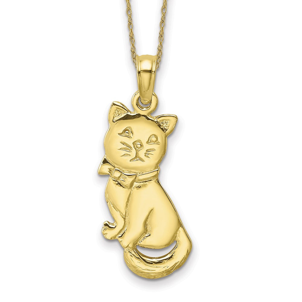 10k 3-D Polished Sitting Cat with Bow Necklace