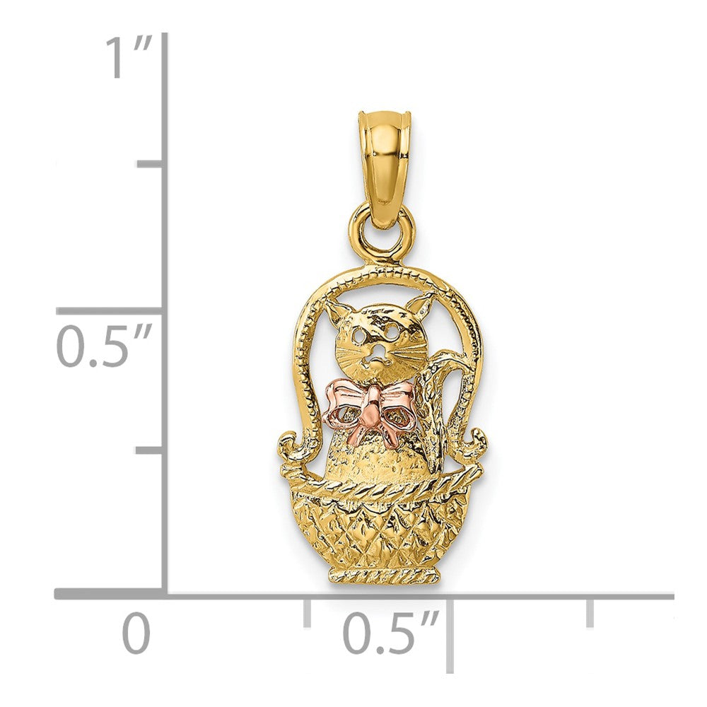 10k Two-tone Cat with Bow in Basket Necklace