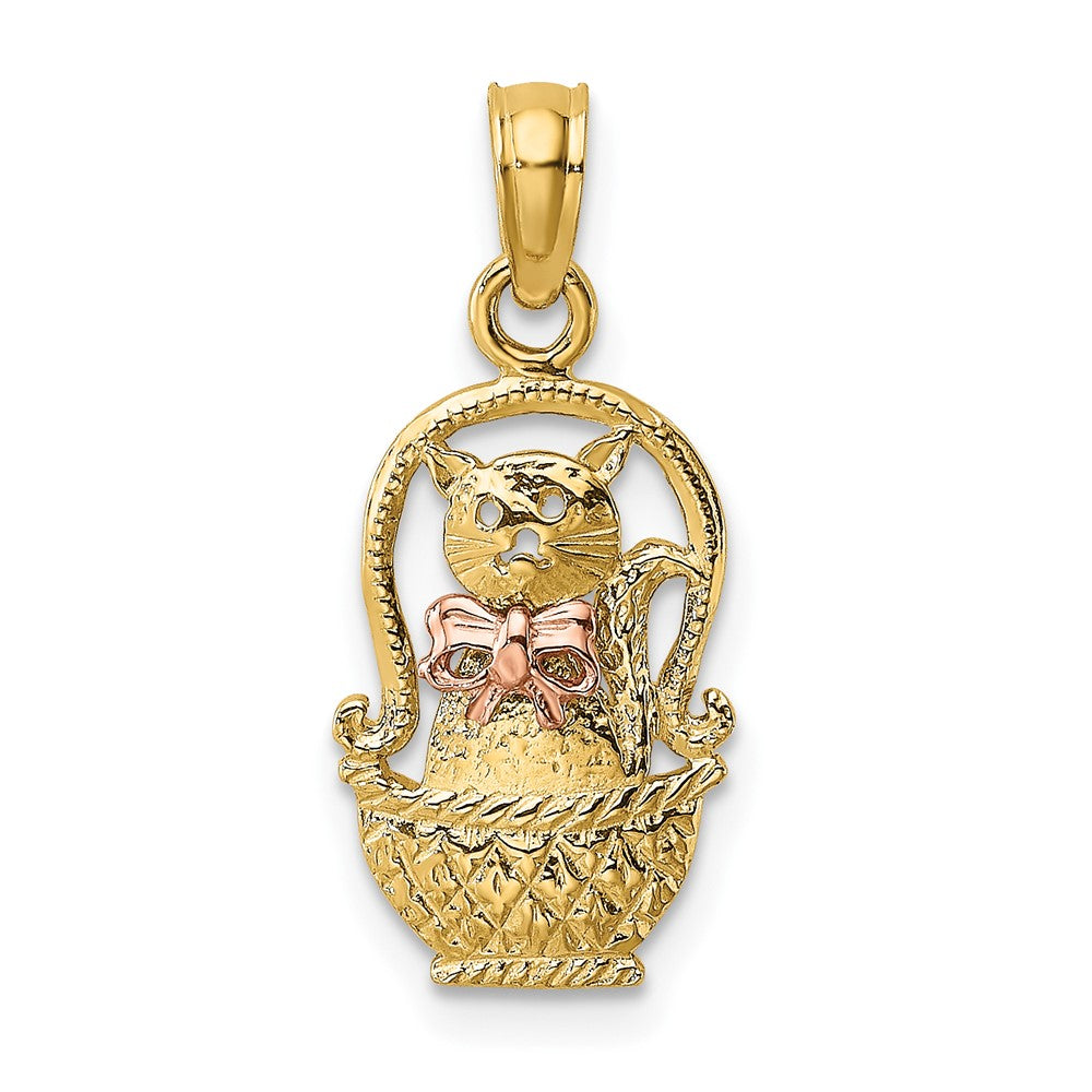 10k Two-Tone Cat w/ Bow In Basket Charm