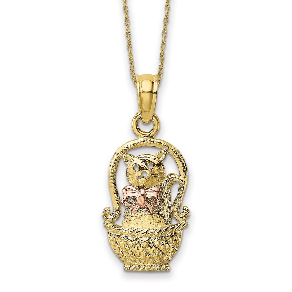 10k Two-tone Cat with Bow in Basket Necklace