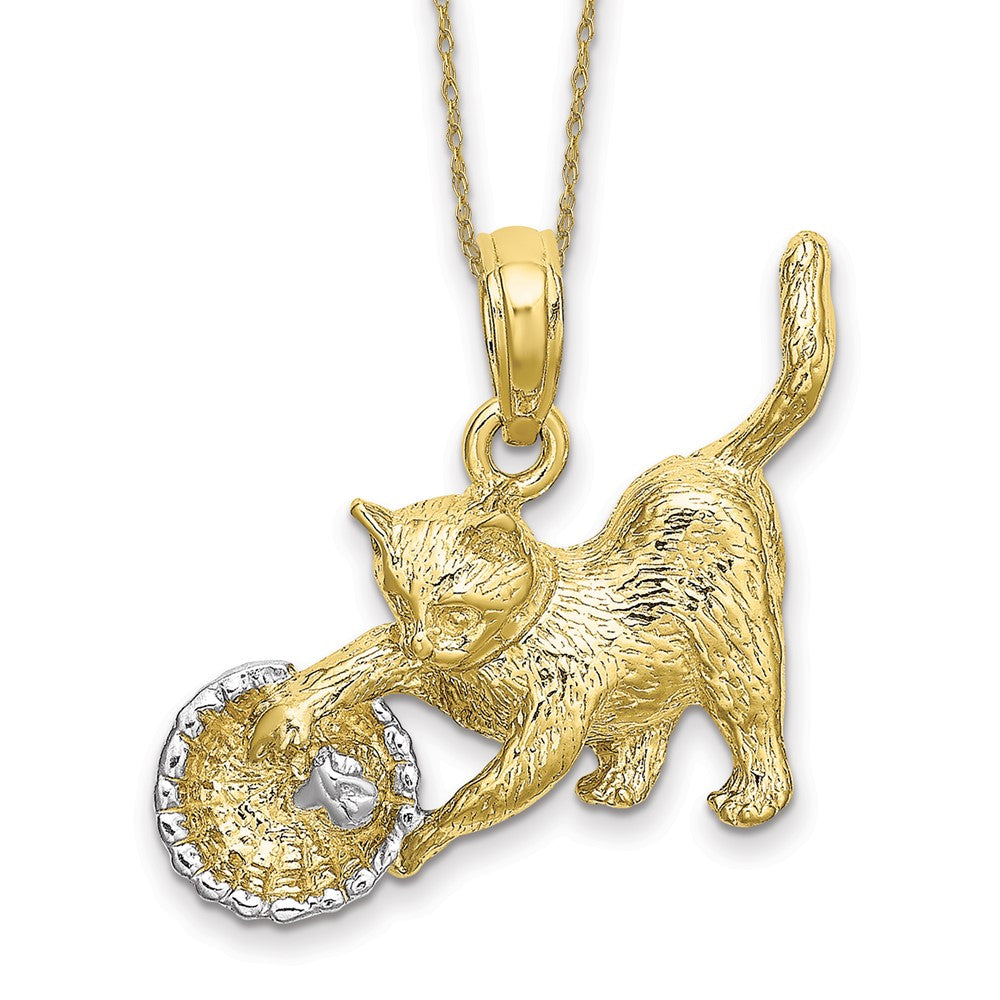 10k Rhodium Cat Playing with Yarn in Basket Necklace