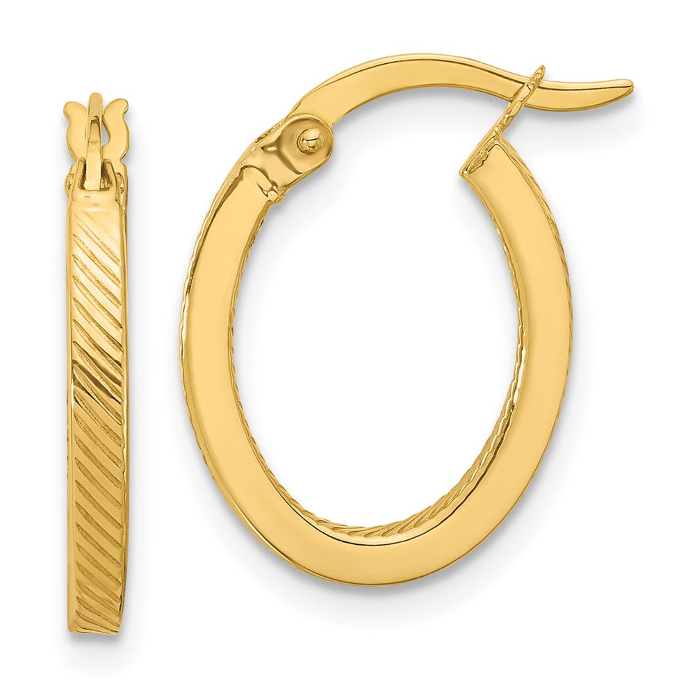 10K Polished and Textured Oval Hoop Earrings