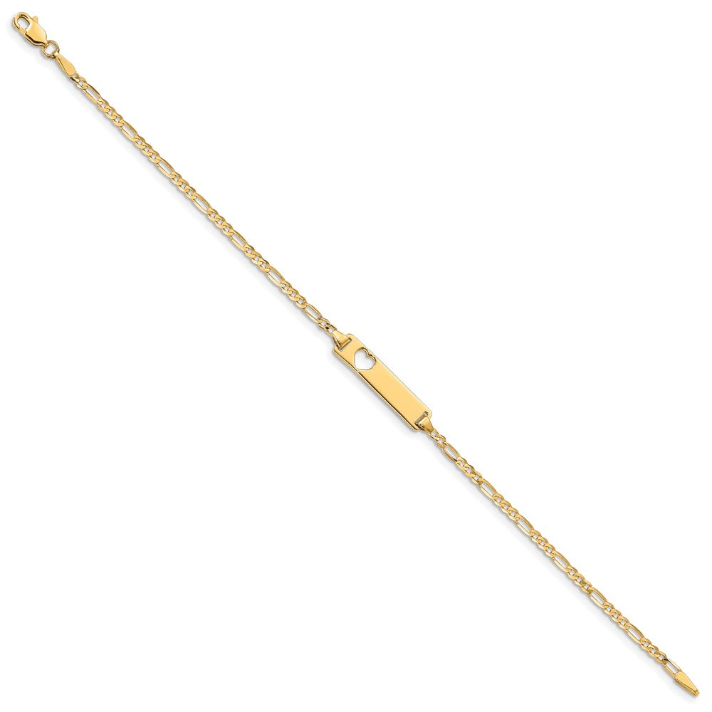10k Polished Solid Chain/Solid Plate Figaro Link Cut-out Heart 20x Plate ID Bracelet