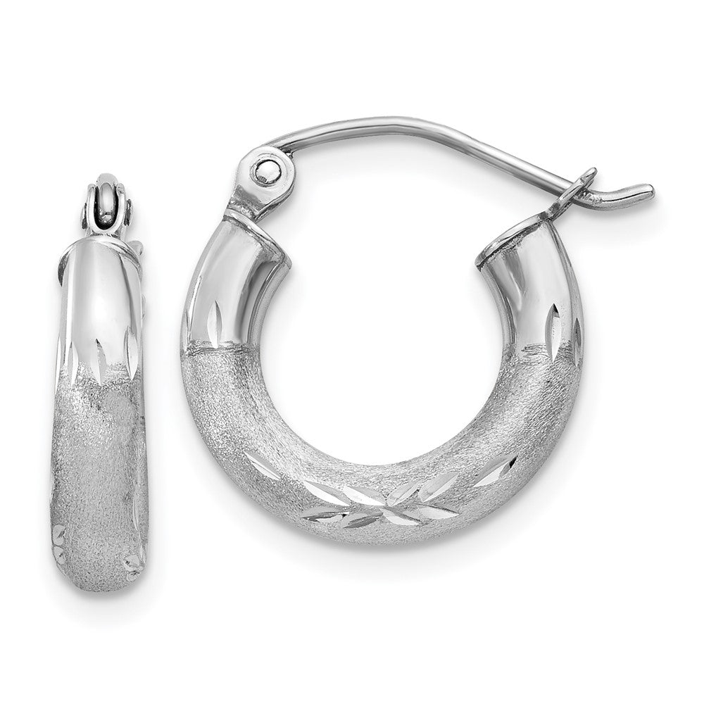 10k White Gold Satin & Diamond-cut Round Hoop Earrings